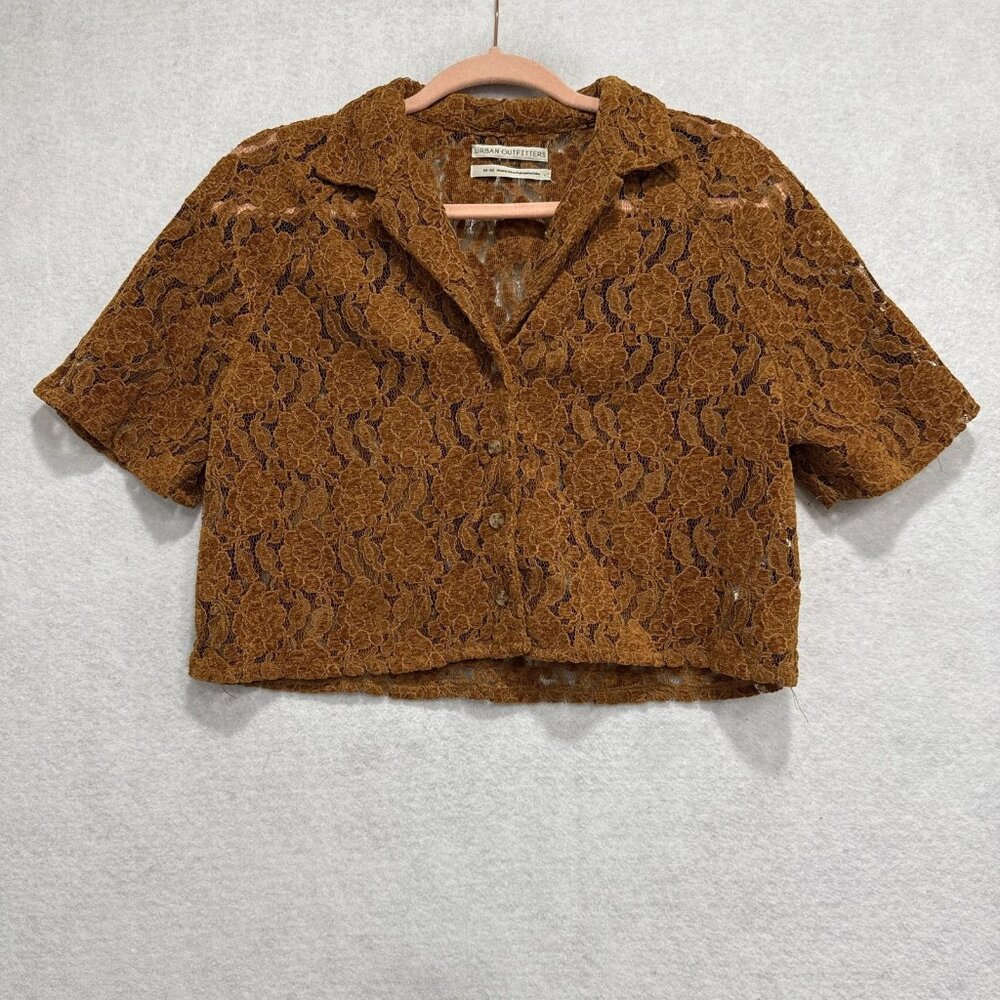 Urban Outfitters Shirt Womens Medium Brown Lace Cropped Button Short Sleeve - Picture 1 of 10